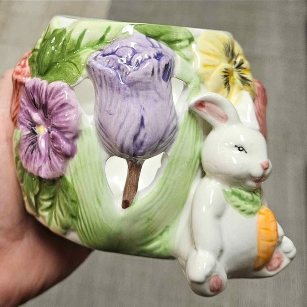 Porcelain Bunny Theme Flowers Easter Candle Holder Container